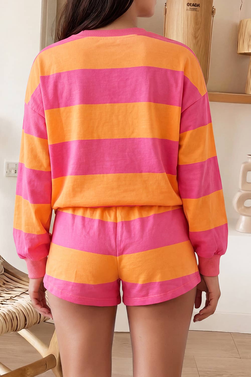 Striped Sherbet Sleeve Top and Drawstring Shorts Set